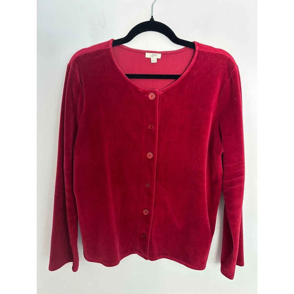 J. Jill Red Velour Button Front Cardigan Top Women Large Long Sleeve Soft Cotton